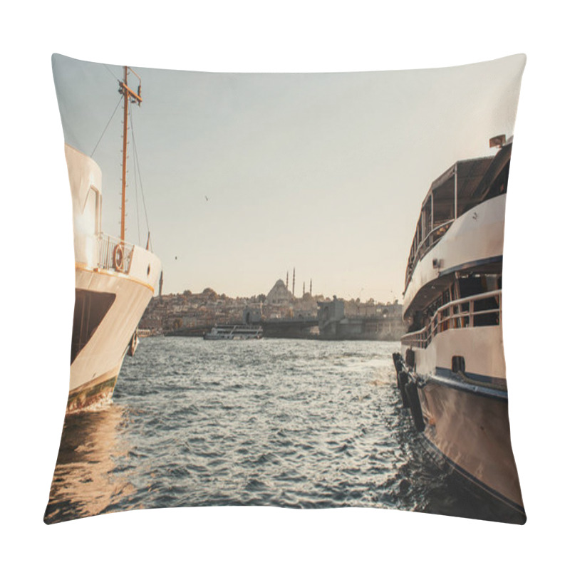 Personality  Moored Ships And View Of City From Bosphorus Strait, Istanbul, Turkey Pillow Covers