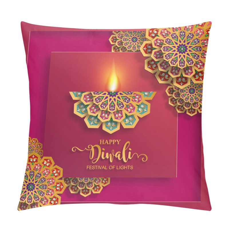 Personality  Happy Diwali Festival Card With Gold Diya Patterned And Crystals On Paper Color Background. Pillow Covers