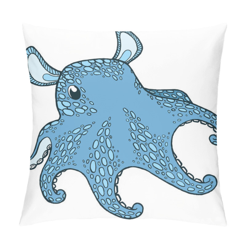 Personality  Vector Illustration In A Realistic Style. Hand Drawing Octopus Dumbo. Blue Octopus. Isolated On White. Cute Print For Children's Staff. Sea Life Collection Pillow Covers