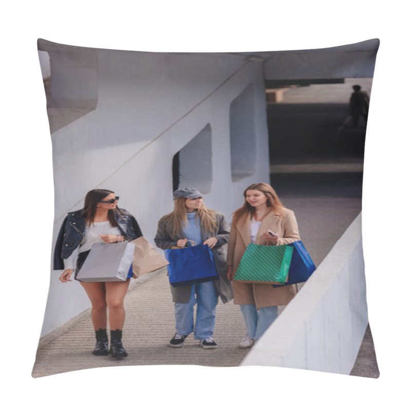 Personality  Ladies With Different Dressing Styling Going Into A Shopping Mall Wearing Shopping Bags In Their Hands Pillow Covers