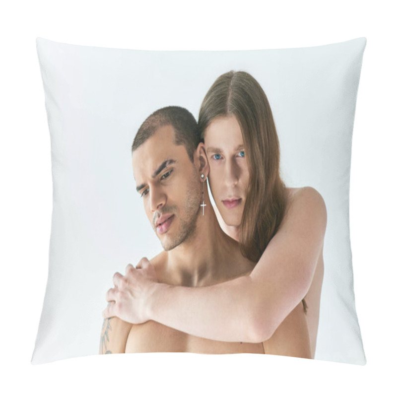 Personality  Two Men Share A Heartfelt Hug With Smiles On Their Faces. Pillow Covers