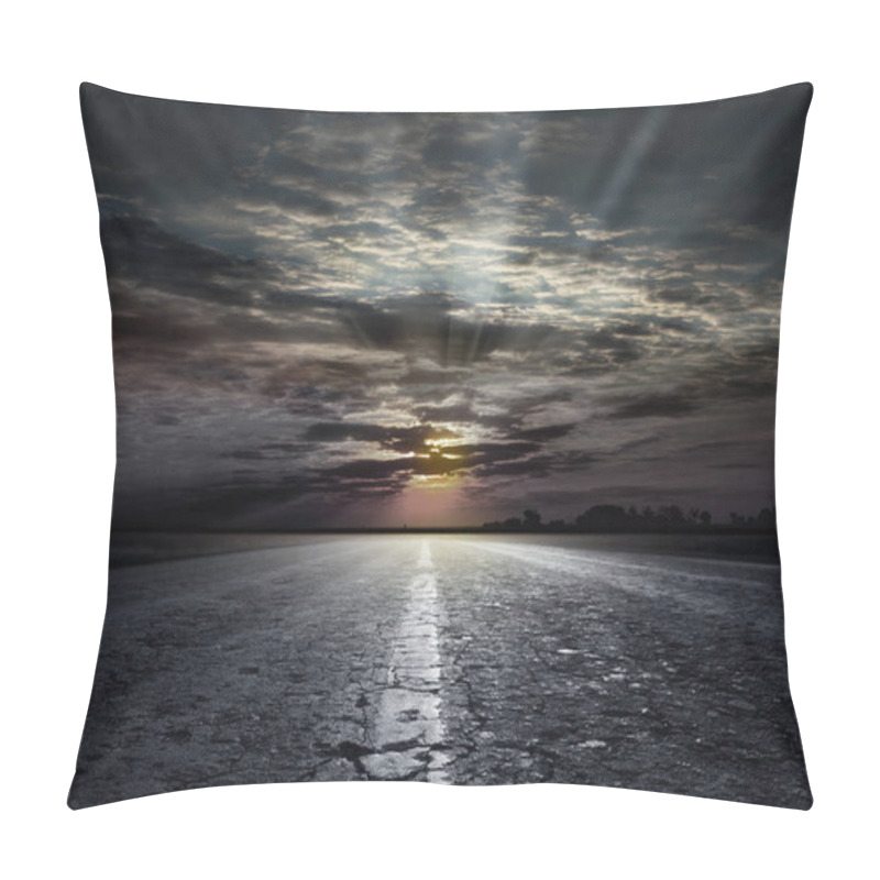 Personality  Magnificent View Of The Asphalt Road In The Background Of The Sunset. The Road Between The Fields Of Wheat And Steppe Grass. Beautiful Sunset On The Horizon Pillow Covers