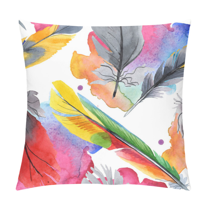 Personality  Colorful Bird Feather From Wing Isolated. Watercolour Drawing Fashion Aquarelle. Fabric Wallpaper Print Texture. Pillow Covers