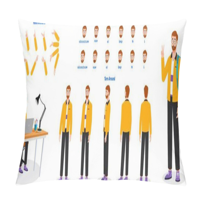 Personality  Set Of Manager Character Design. Character Model Sheet. Front, Side, Back View Animated Character. Manager Character Creation Set With Various Views, Poses And Gestures. Cartoon Style, Flat Vector Isolated Pillow Covers