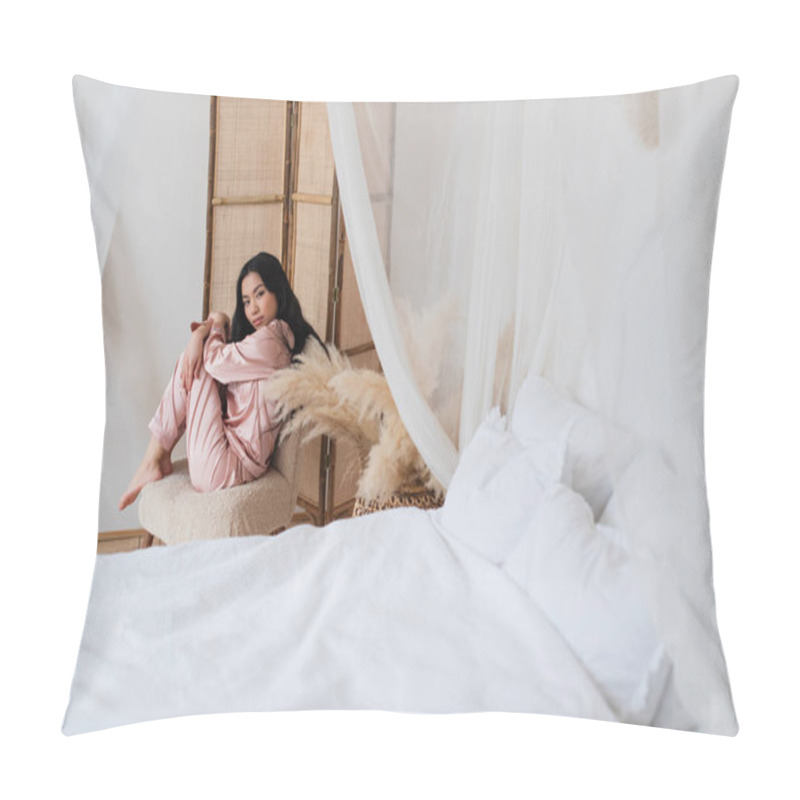 Personality  Sad Young Asian Woman Sitting On Chair In Self Hug Pose And Looking At Camera In Bedroom Pillow Covers