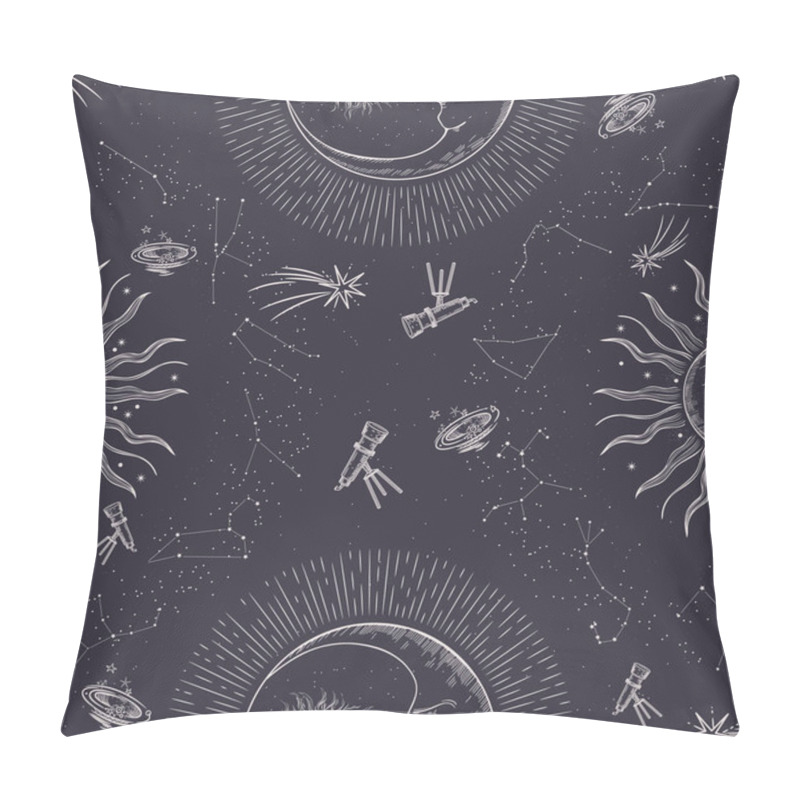 Personality  Seamless Pattern. Signs Of The Zodiac, Sun And Moon. Engraving Style. Astrology. Pillow Covers