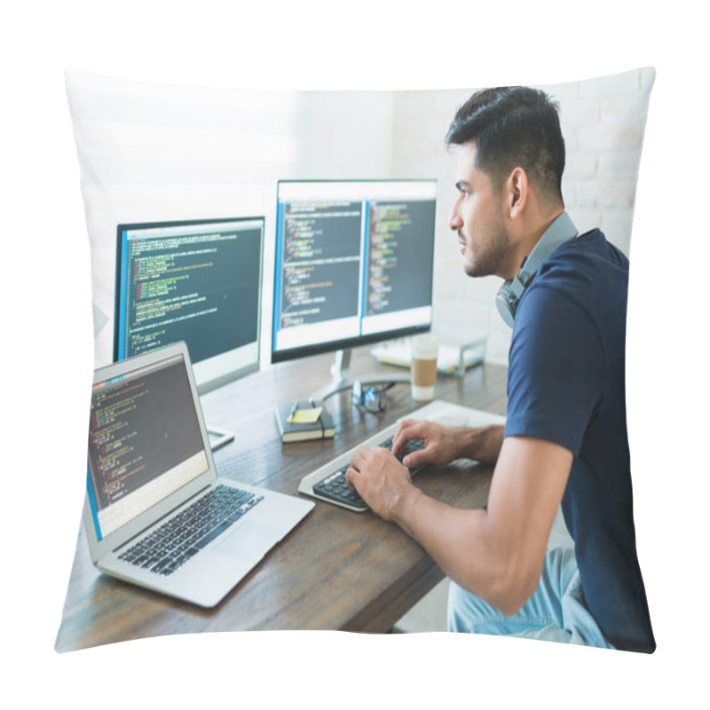 Personality  Side View Of Attractive Hispanic Software Developer Programming Using Computer While Working From Home Pillow Covers