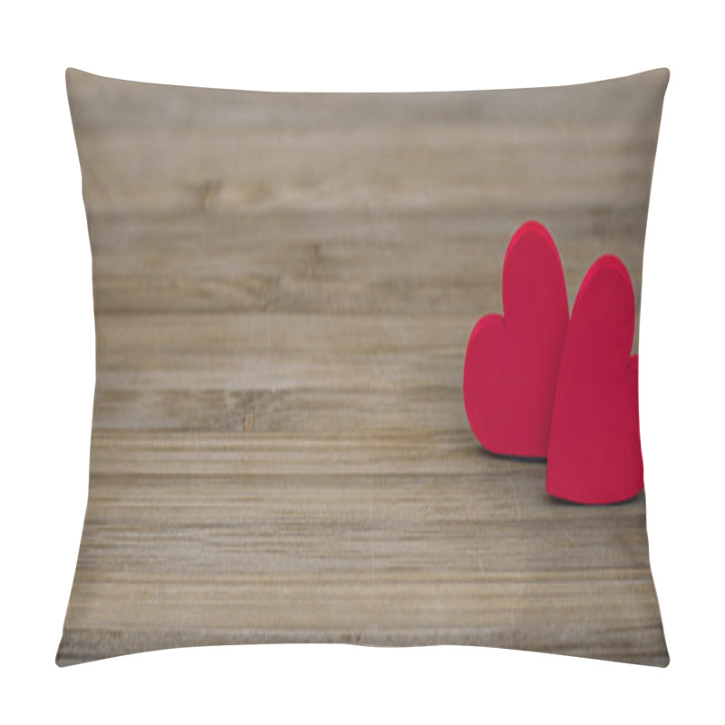 Personality  Two Wooden Red Hearts On Wooden Background.  Pillow Covers