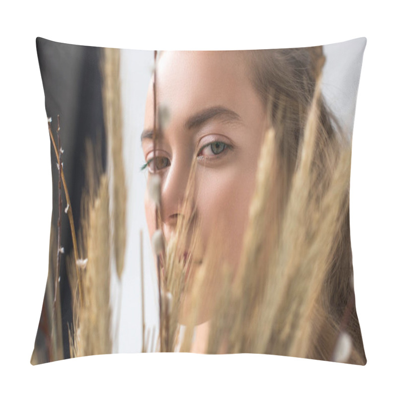 Personality  Headshot Of Beautiful Woman With Makeup And Spikelets On Foreground Pillow Covers