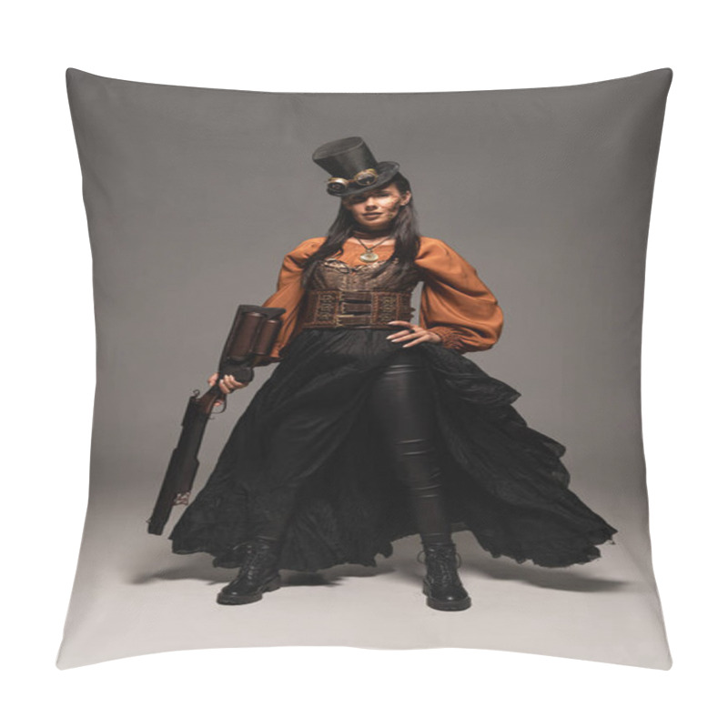 Personality  Full Length View Of Attractive Steampunk Woman Holding Guy On Grey Pillow Covers