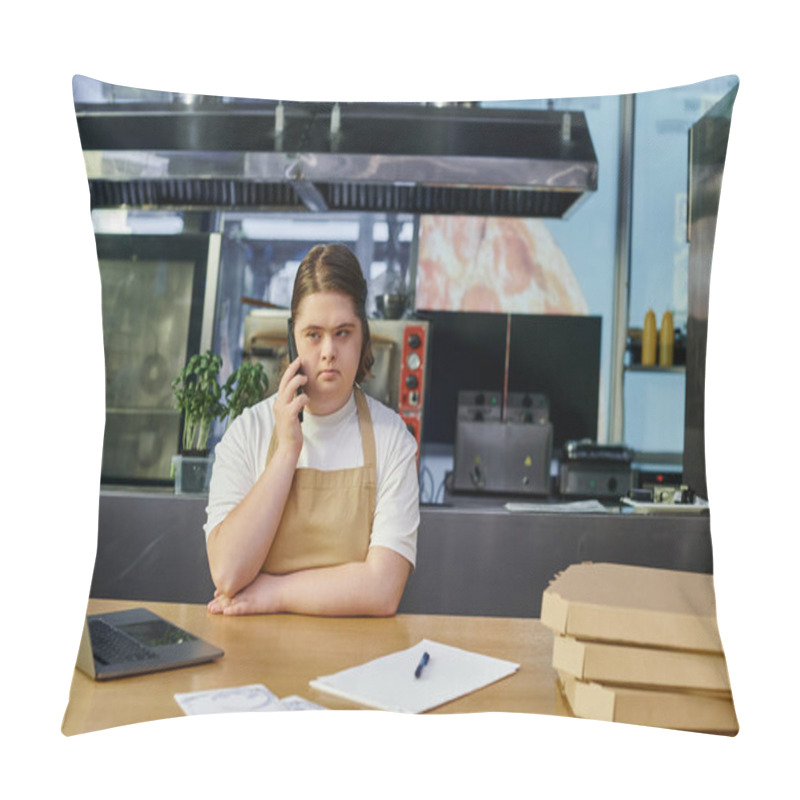 Personality  Young Woman With Down Syndrome Working In Cafe And Talking On Smartphone Near Laptop And Pizza Boxes Pillow Covers