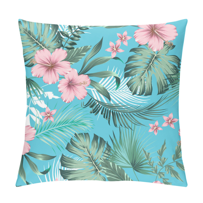 Personality  Vector Seamless Botanical Tropical Pattern With Flowers. Lush Foliage Floral Design With Monstera Leaves, Areca Palm Leaves, Fan Palm, Hibiscus Flower, Frangipani Flower. Modern Allover Background. Pillow Covers