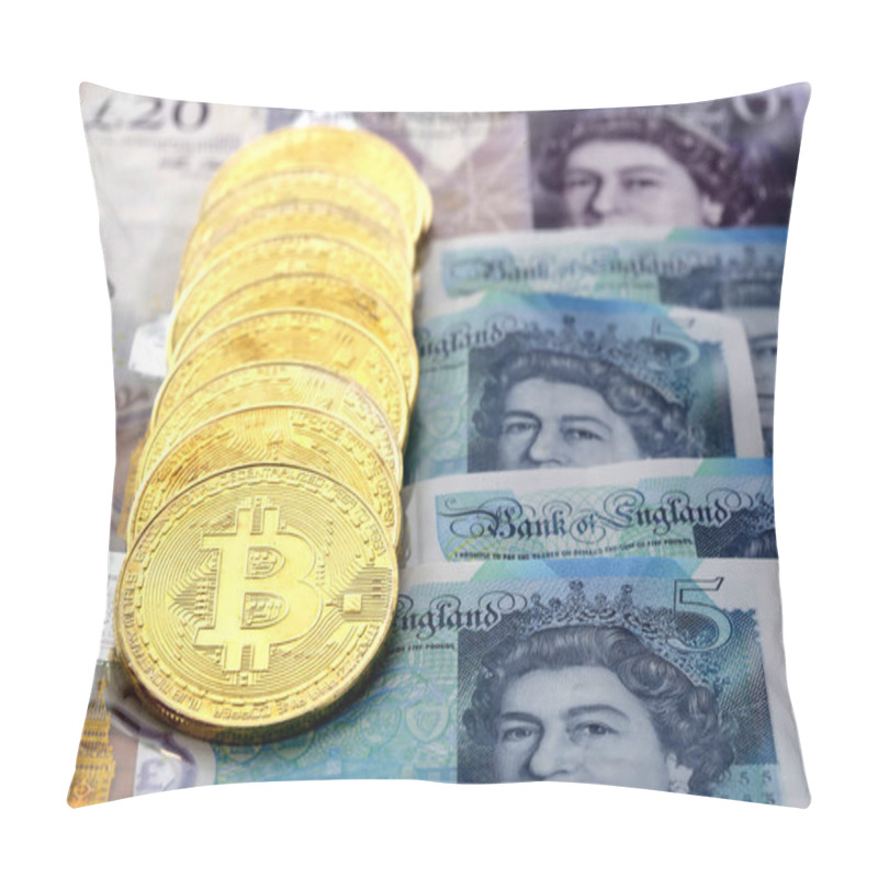 Personality  Virtual Cryptocurrency Money Bitcoin Golden Coins On United Kingdom Pound Sterling Banknotes With Faces Of Queen Elizabeth II. Pillow Covers