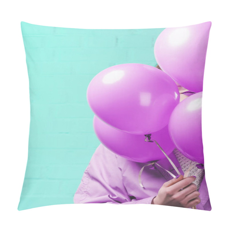 Personality  Young Woman In Coat Hiding Behind Pink Helium Balloons Pillow Covers