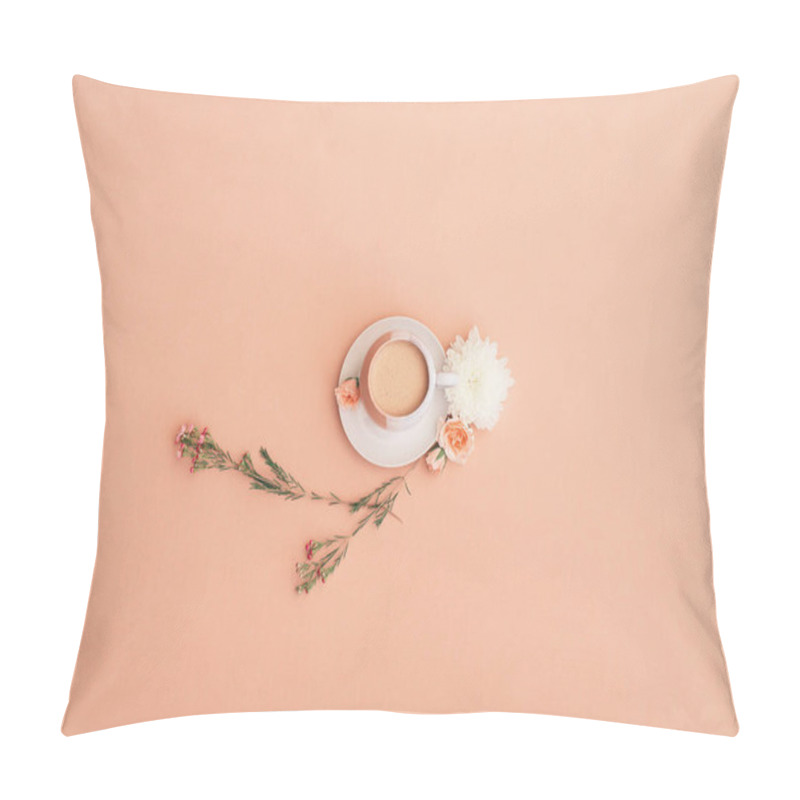 Personality  A Serene Coffee Moment With Delicate Flowers On A Soft Pink Background. Pillow Covers