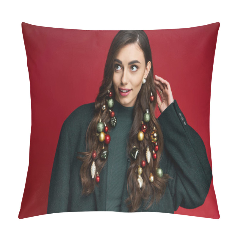 Personality  Festively Adorned Young Woman Playfully Showcases Unique Holiday Hair Decorations With A Smile. Pillow Covers