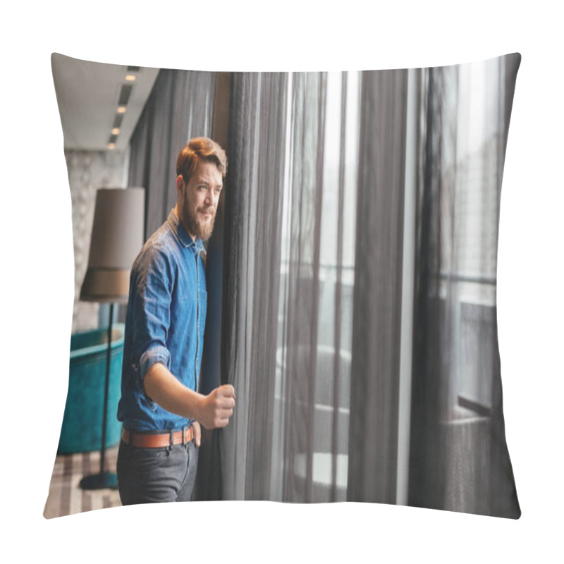 Personality  Handsome Man Enjoying View From Luxurious Hotel Room Pillow Covers