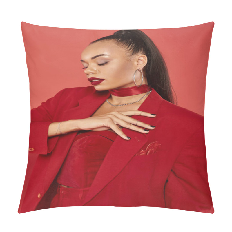 Personality  Elegant African American Woman With Straight Hair Ponytail Posing In Red Suit And Touching Blazer Pillow Covers