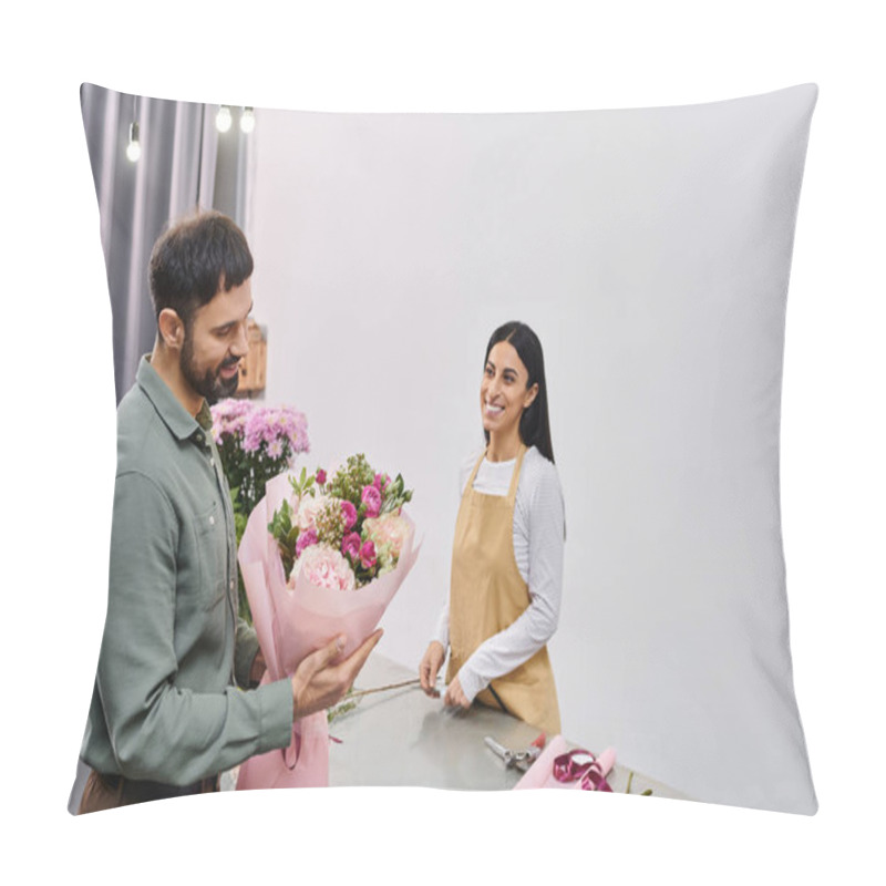 Personality  A Talented Florist Engages With A Male Client While Showcasing A Stunning Bouquet Of Flowers. Pillow Covers