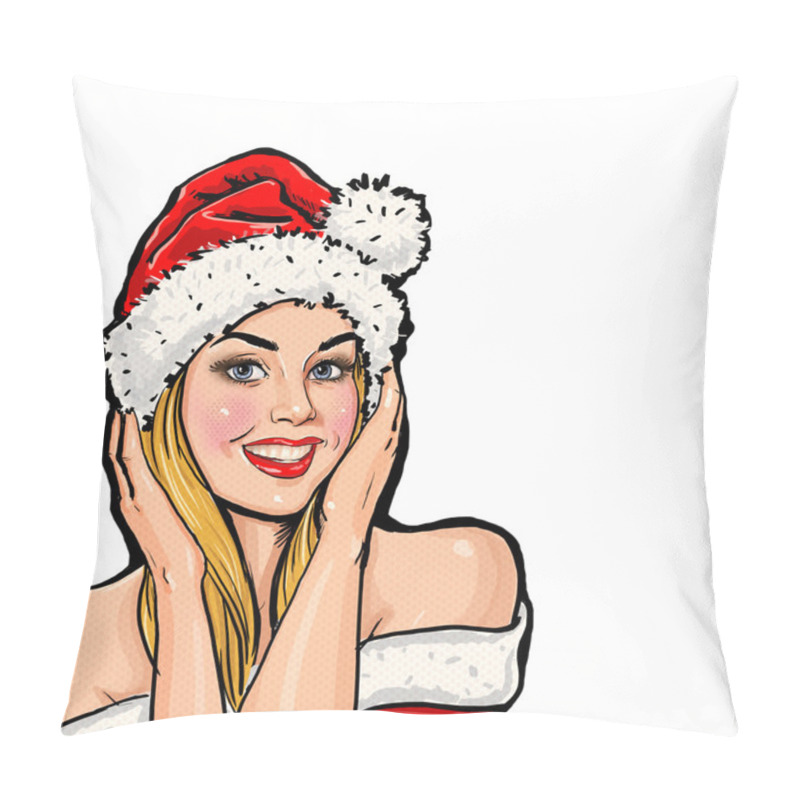 Personality  Girl In Santa Hat On White Background.Christmas Santa Hat Woman Portrait .Smiling Happy Girl. Blond Girl In Santa Hat. Christmas Party Poster. New Year Pillow Covers