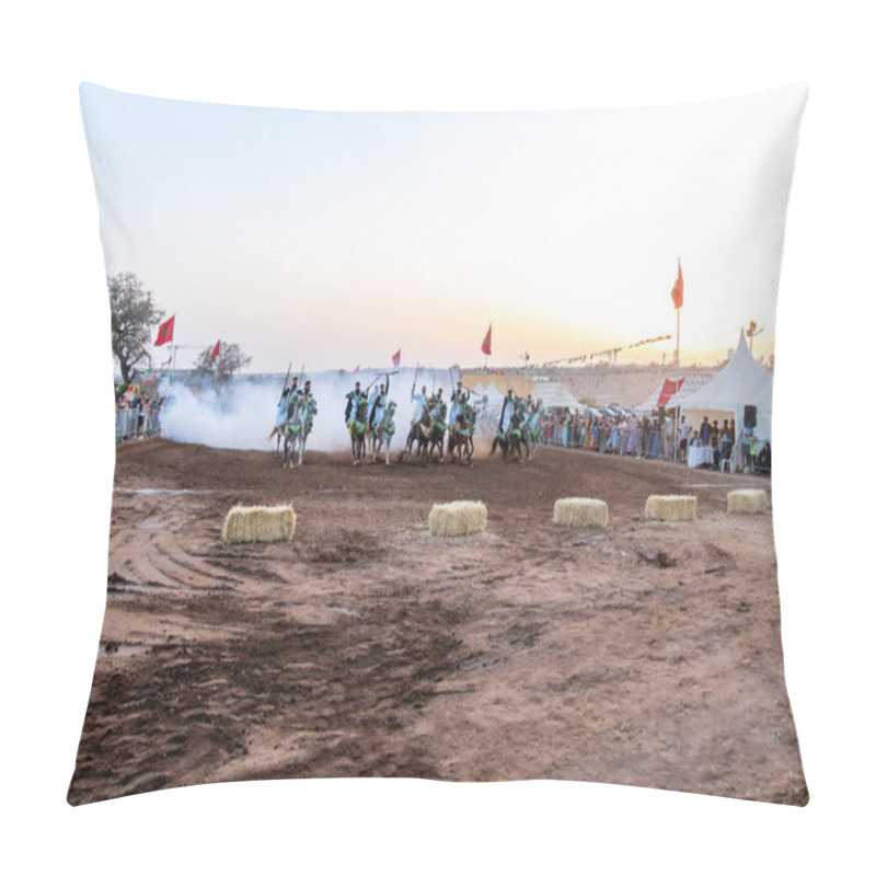 Personality  Agadir, Souss-Massa - Morocco - 08-03-2024: Large Group Of Berber Riders In Traditional Clothing Perform Fantasia In Arena, Creating Smoke With Rifles At Sunset, Flags Waving. Pillow Covers