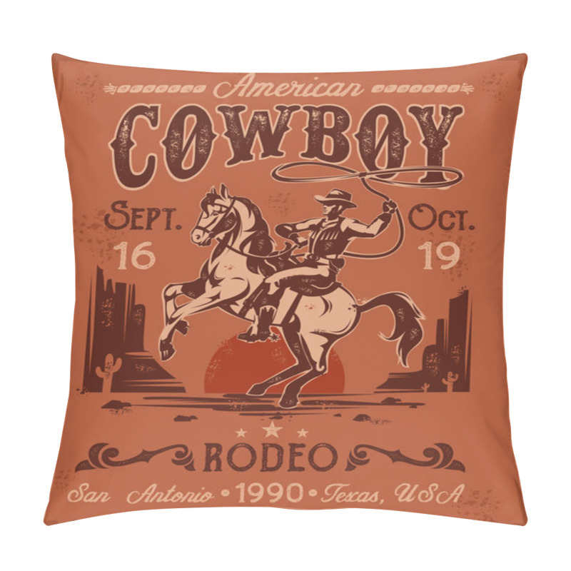 Personality  Rodeo Poster With A Cowboy Sitting On  Rearing Horse In Retro Style Pillow Covers