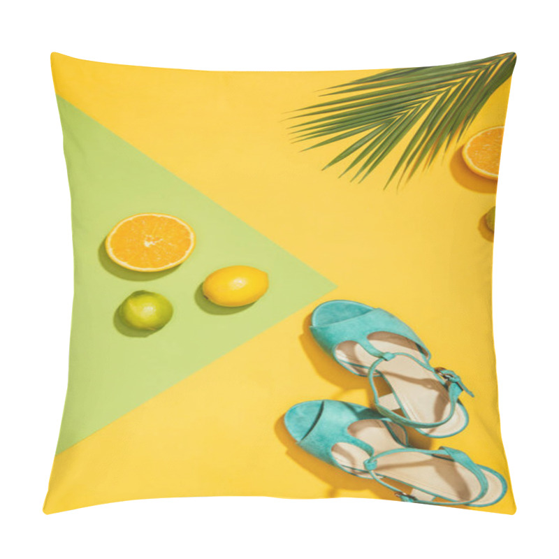 Personality  Top View Of Palm Leaf, Stylish Female Blue Platform Sandals, Lemons, Limes And Slices Of Orange Pillow Covers