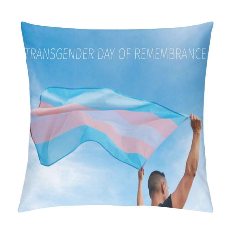 Personality  Closeup Of A Young Caucasian Person, Seen From Behind, Holding A Transgender Pride Flag On The Air And The Text Transgender Day Of Remembrance On The Sky Pillow Covers