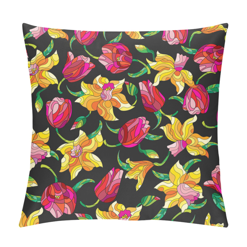 Personality  Seamless Background With Spring Flowers In Stained Glass Style, Flowers, Buds And Leaves Of Daffodils And Tulips On A Dark Background Pillow Covers