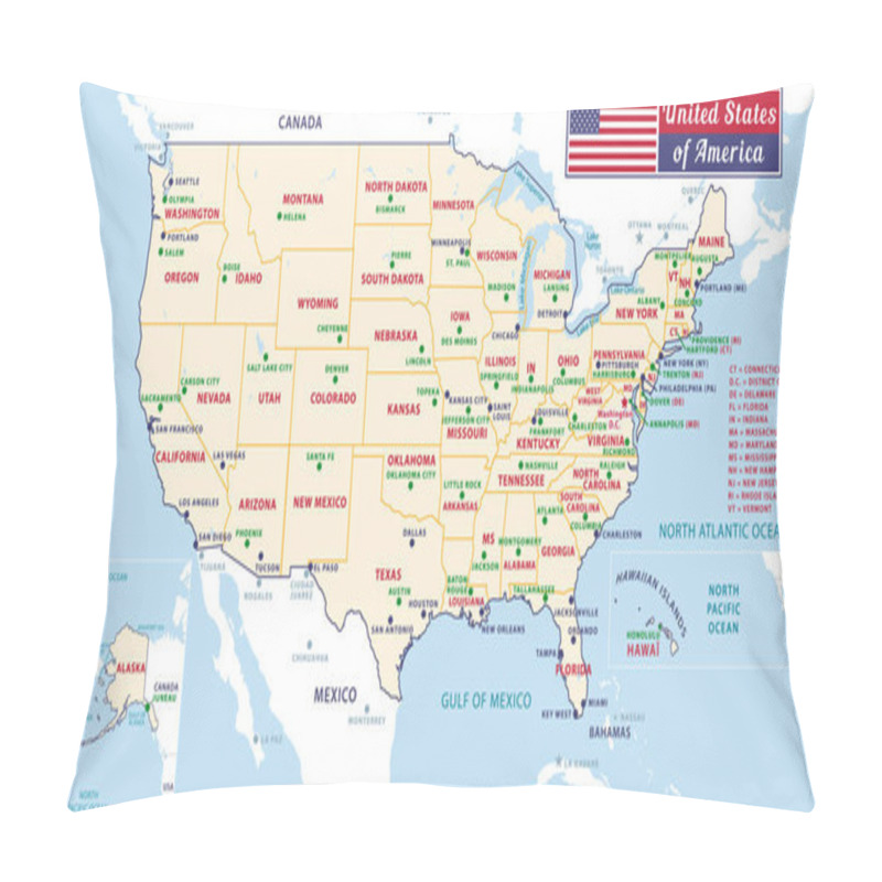 Personality  States Capitals Of The United States Of America. Beautiful Modern Graphic Vector USA Map. Alaska And Hawa. Pastel Tones. Pillow Covers