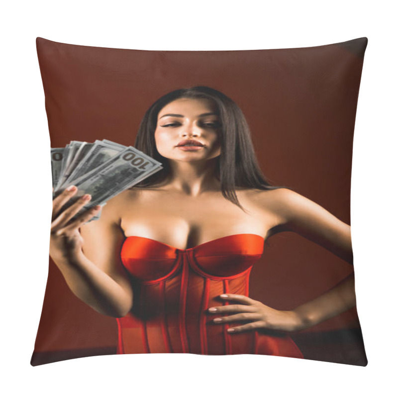 Personality  Sensational Woman In Red Bodysuit Joyfully Throwing Money In A Vibrant Setting To Celebrate Success And Happiness.Success Concept Pillow Covers