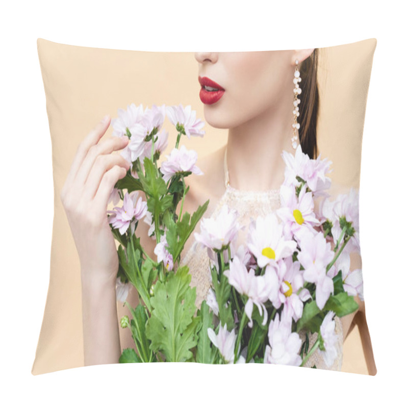 Personality  Cropped View Of Young Woman Holding Blooming Flowers Isolated On Beige  Pillow Covers