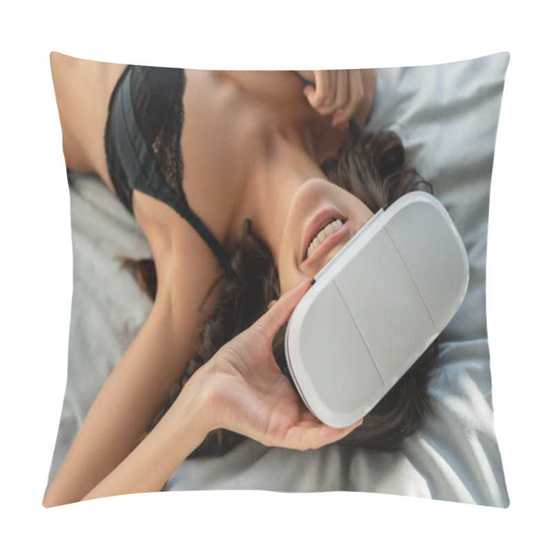 Personality  Top View Of Sexy Woman In Virtual Reality Headset Smiling And Lying On Bed In Bedroom Pillow Covers