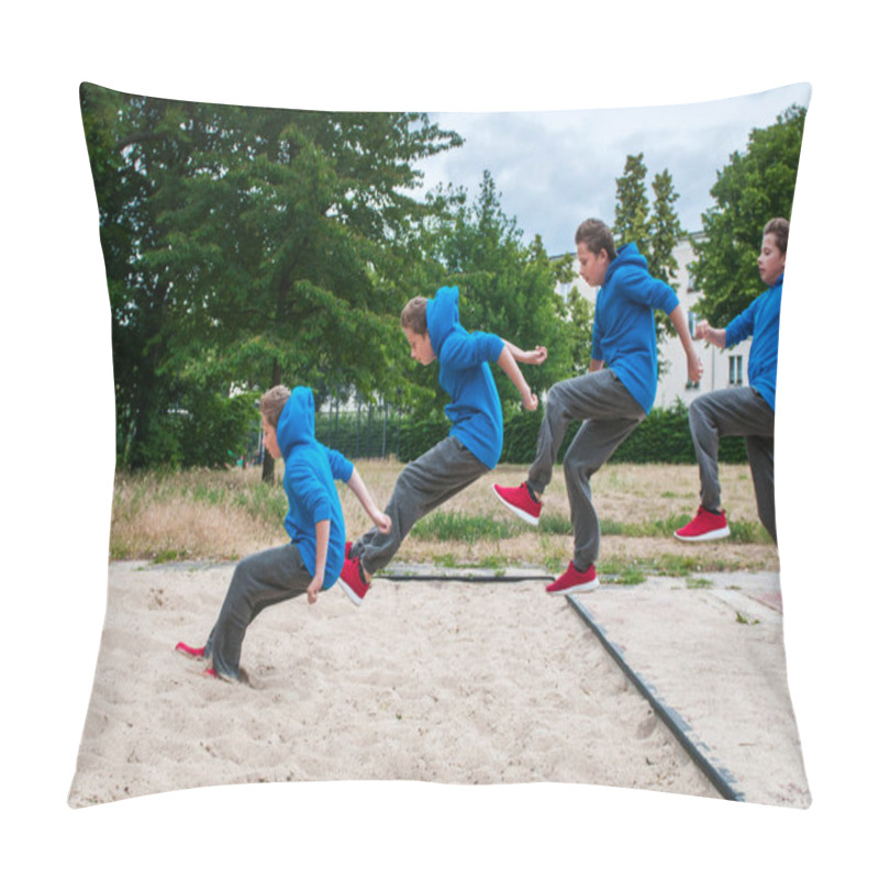 Personality  Side View Of A 14 Year Old Male Caucasian Teenage Boy Jumping In Four Steps In A Sand Pit With Cloudy Sky. Pillow Covers