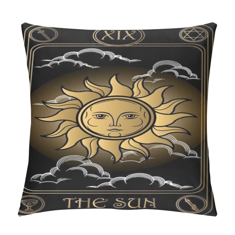 Personality    The Sun. The 19th Card Of Major Arcana Black And Gold Tarot Cards. Tarot Deck. Vector Hand Drawn Illustration With Skulls, Occult, Mystical And Esoteric Symbols. Pillow Covers