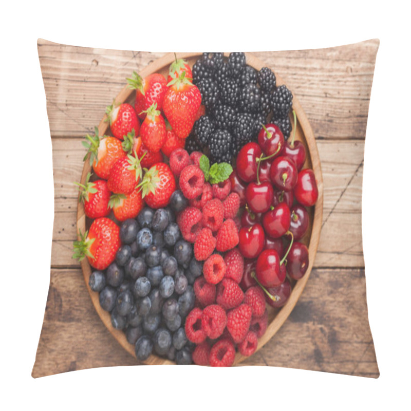 Personality  Fresh Organic Summer Berries Mix In Round Wooden Tray On Light Wooden Table Background. Raspberries, Strawberries, Blueberries, Blackberries And Cherries. Pillow Covers