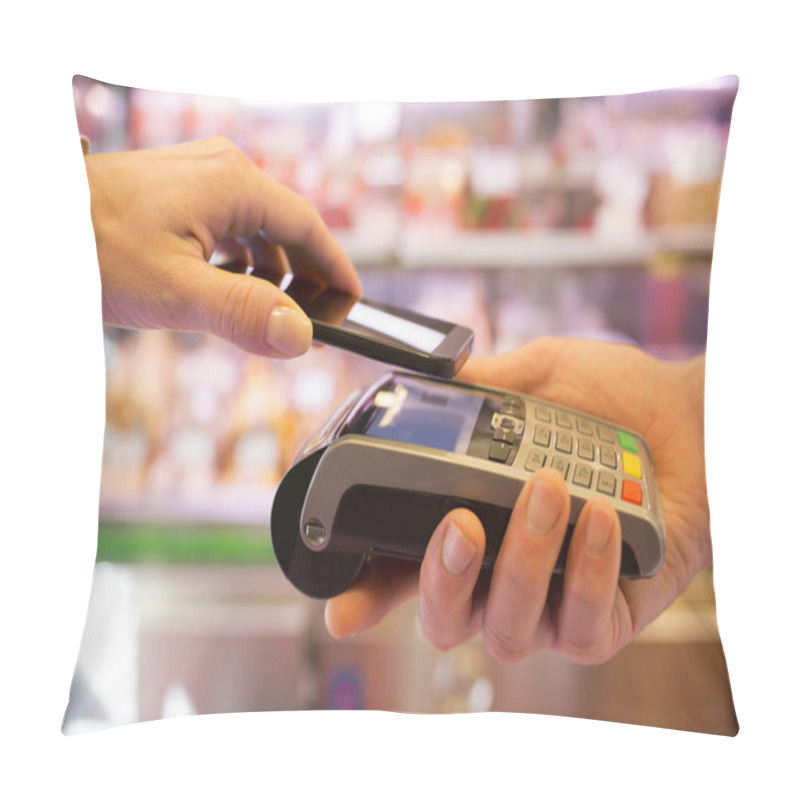 Personality  Woman Paying With NFC Technology On Mobile Phone Pillow Covers