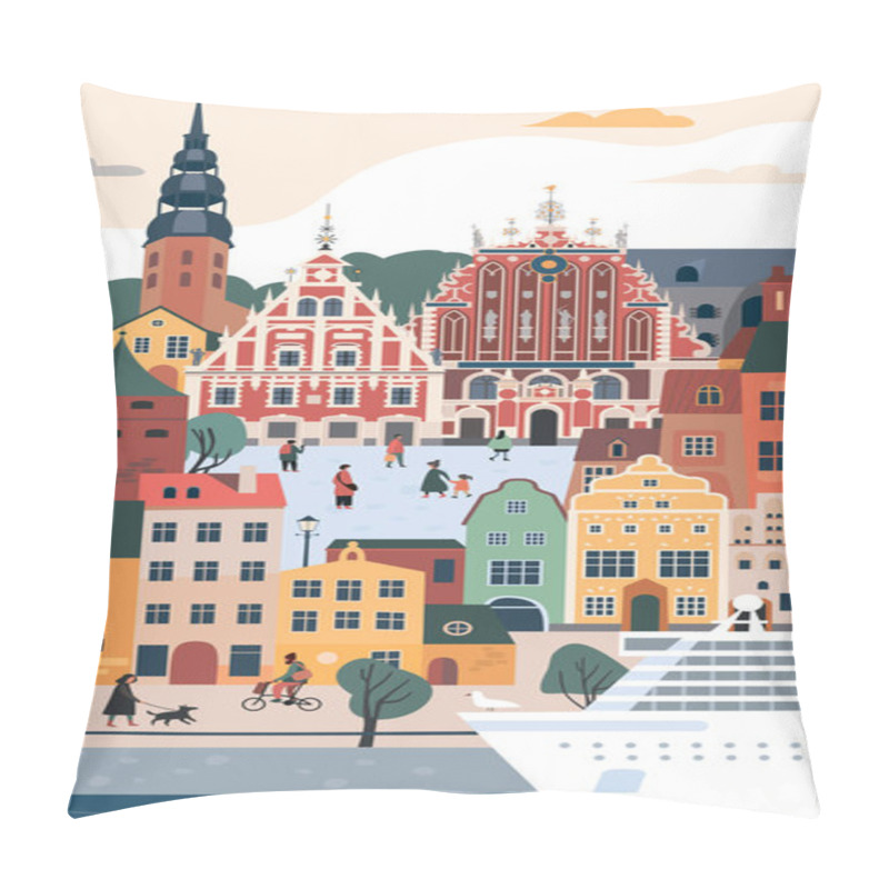 Personality  Vertical View Of Old Part Of Riga. Famous Buildings Symbols And Landmarks. Flyer Or Poster Welcome To Latvia. Medieval European City.  Flat Vector Illustration Pillow Covers