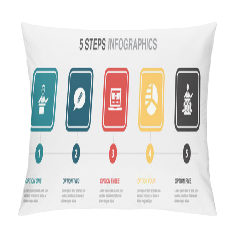 Personality  Lecturer, Topic, Presentation Software, Diagram, Conference, Icons Infographic Design Template. Creative Concept With 5 Options Pillow Covers