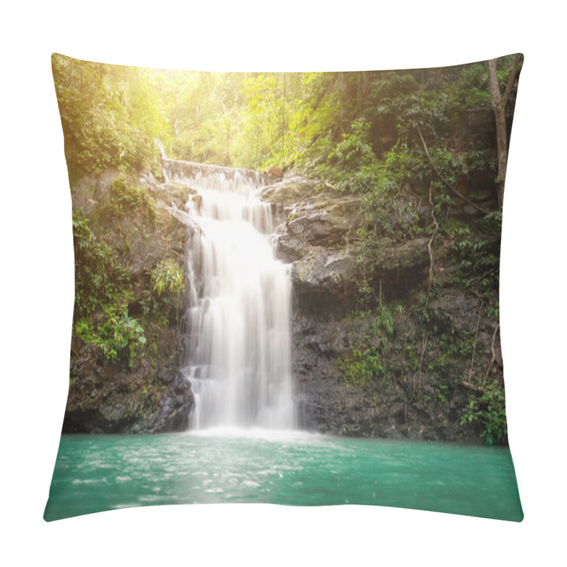 Personality  Small Waterfall With Water Splashing And Tumbling Over The Rocks In The Forest On A Bright Sunny Pillow Covers