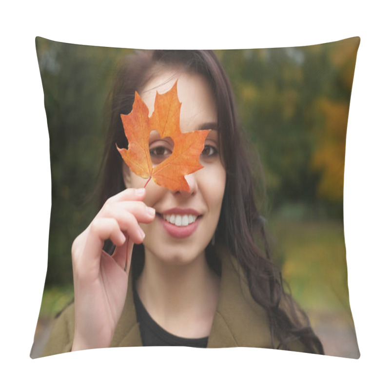 Personality  Autumn Woman Holding Yellow Maple Leaves And Hiding Her Eye. Cute Female Model Looks Out Of Yellow Leaves. Happy  Smiling Blond Teen Girl With Autumn Leaf In The Heart Form. Pillow Covers