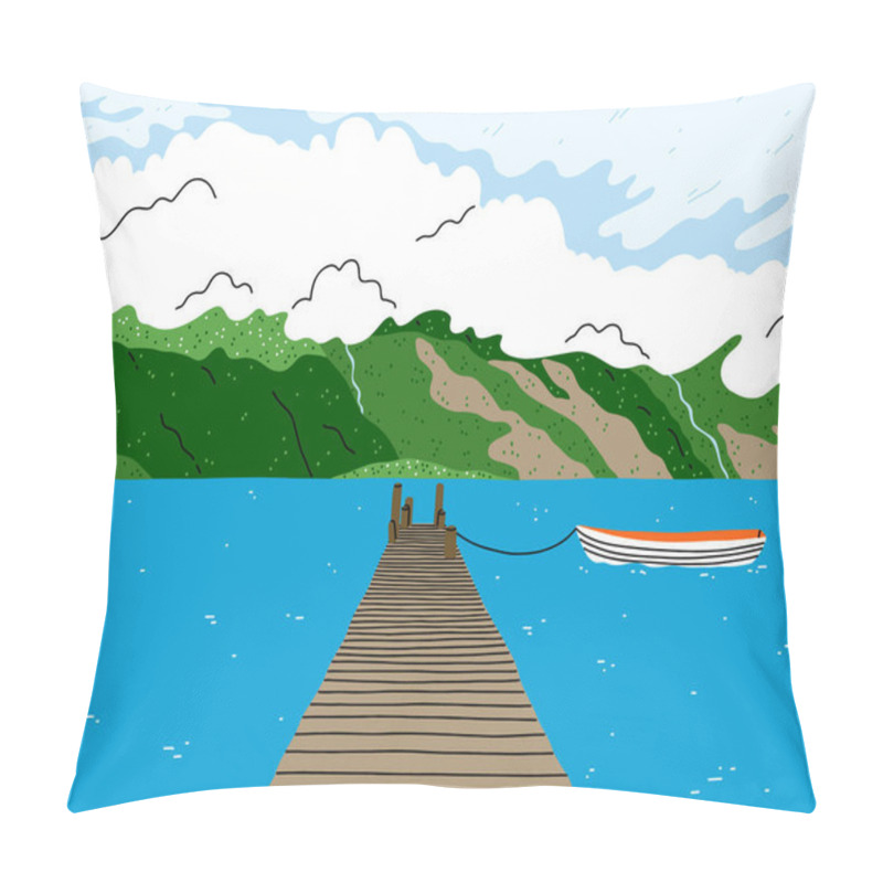 Personality  Beautiful Lake Landscape With Wooden Bridge, Boat And Green Hill Fjords, Beautiful View Vector Illustration Pillow Covers