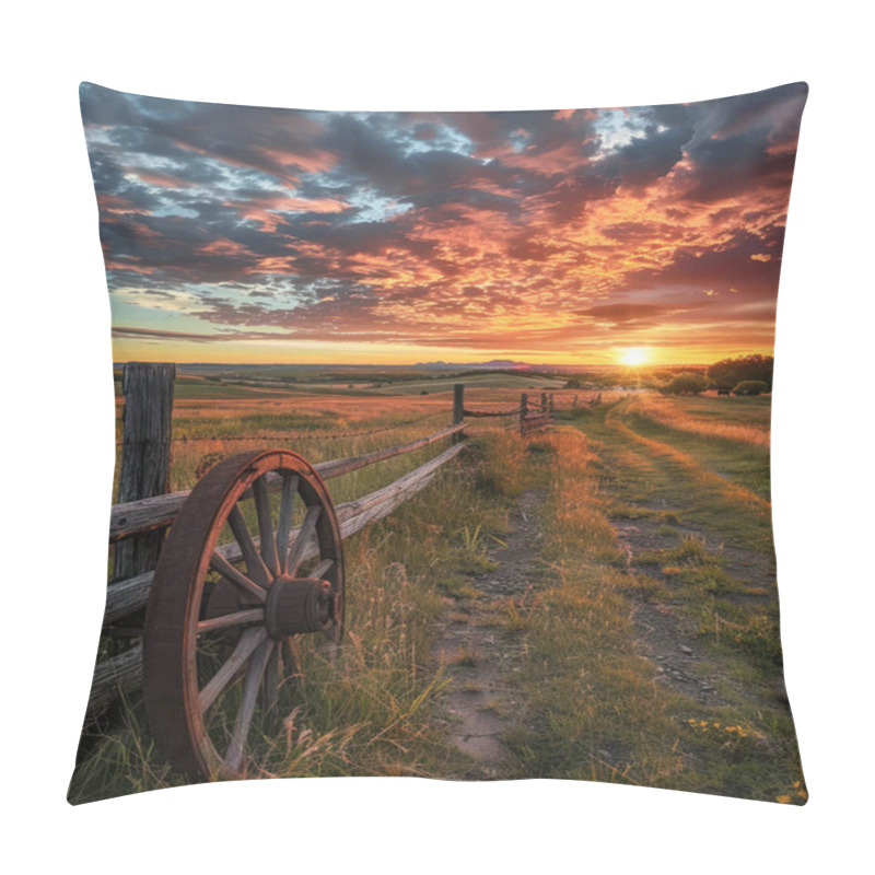 Personality  A Picturesque Countryside Landscape At Sunset With Vibrant Skies, A Wooden Fence, And An Old Wagon Wheel In A Grassy Field. Pillow Covers