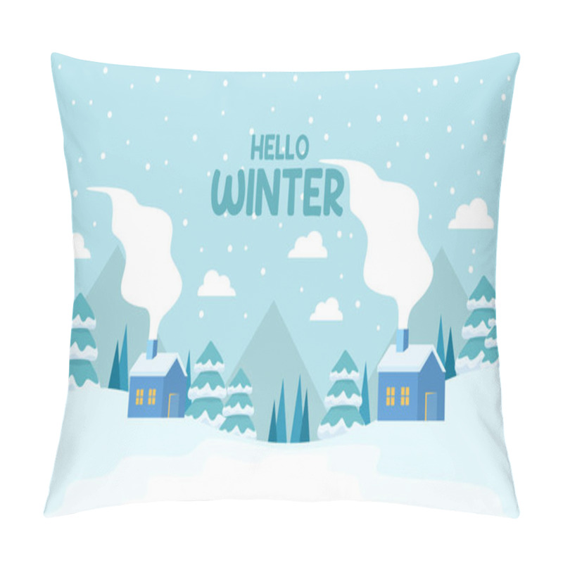 Personality  Cute Winter Landscape. Winter Banner. Lovely Houses In A Snowy Valley. Horizontal Landscape. Winter Cabin Illustration Pillow Covers