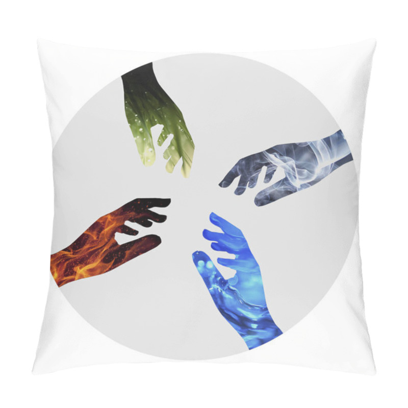 Personality  Nature Four Elements Unity. Water, Fire, Earth, Air On Silhouette Of Hands  Pillow Covers