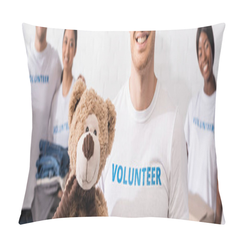 Personality  Panoramic Shot Of Man Holding Soft Toy Near Multiethnic Volunteers In Charity Center Pillow Covers