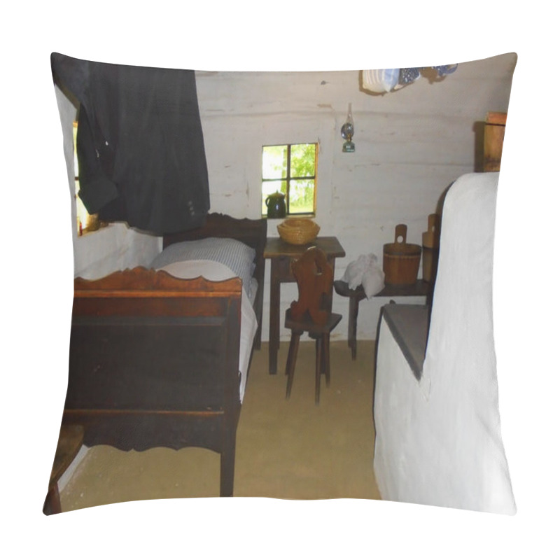 Personality  Roznov, Czech - 08 04 2016:Old Wooden Bed With Chairs And Table In A Historic House Next To White Oven. Pillow And Textile Hanging From Ceiling In Roznov Pod Radhostem In Wallachian Open Air Museum Pillow Covers