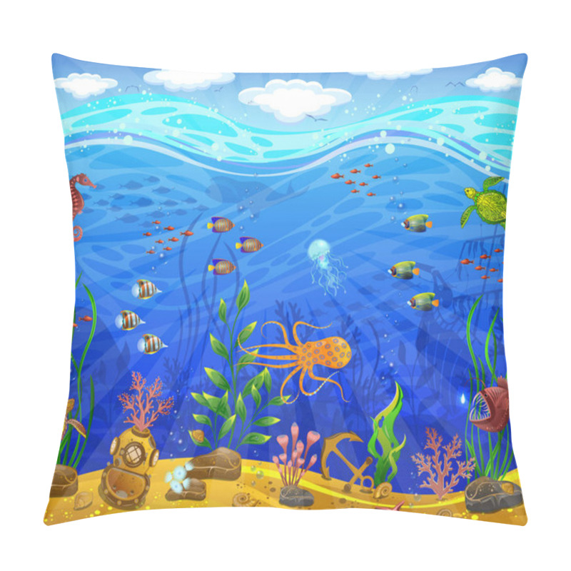 Personality  Underwater World. Sea Bottom, Plants, Inhabitants Of The Sea, Anchor, Underwater Helmet. Pillow Covers