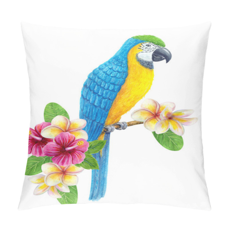 Personality  Parrot Ara With Tropical Bouquet Of Hibiscus Flowers And Frangipani. Exotic Floral Composition, Watercolor Painting Of Leaves, Flowers And Blue-and-yellow Macaw. Pillow Covers