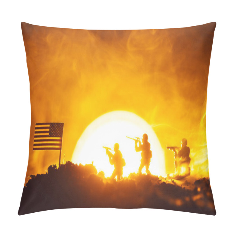 Personality  Battle Scene Of Toy Soldiers, American Flag And Fire With Sunset At Background Pillow Covers